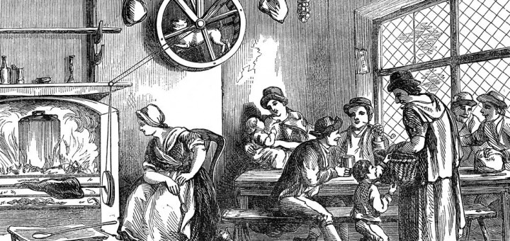 A turnspit dog at work in a wooden cooking wheel in an inn at Newcastle, Carmarthen, Wales, in 1869